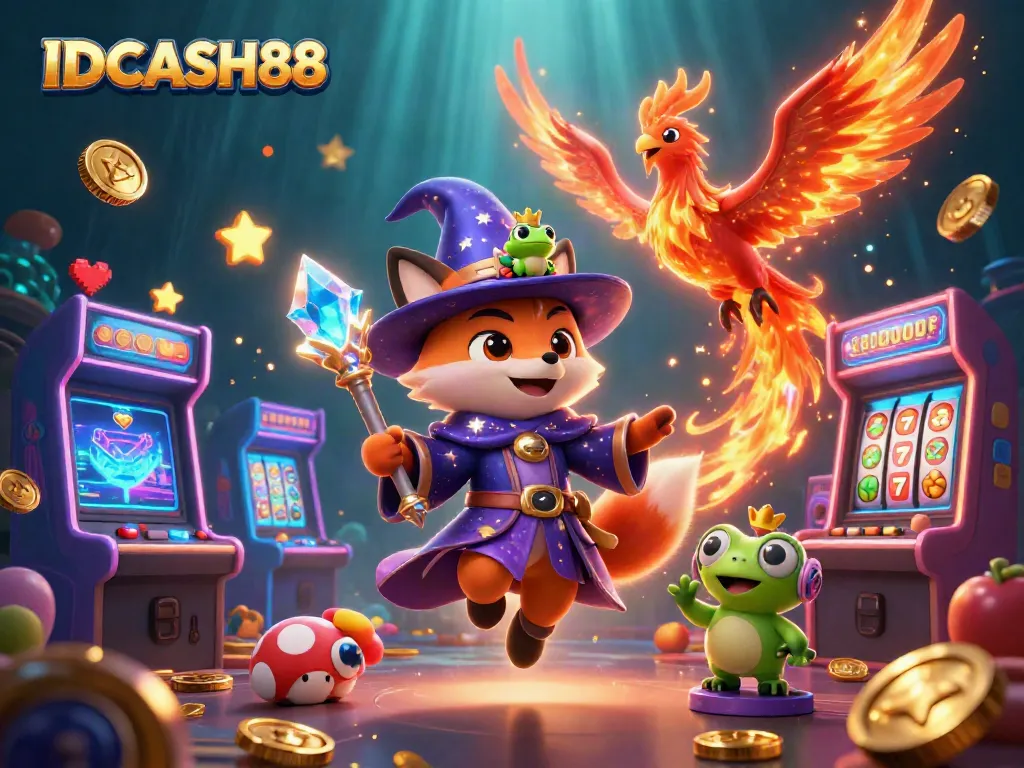 IDCASH88 offers a vibrant casino experience with a mystical wizard and phoenix in a dynamic, colorful scene.