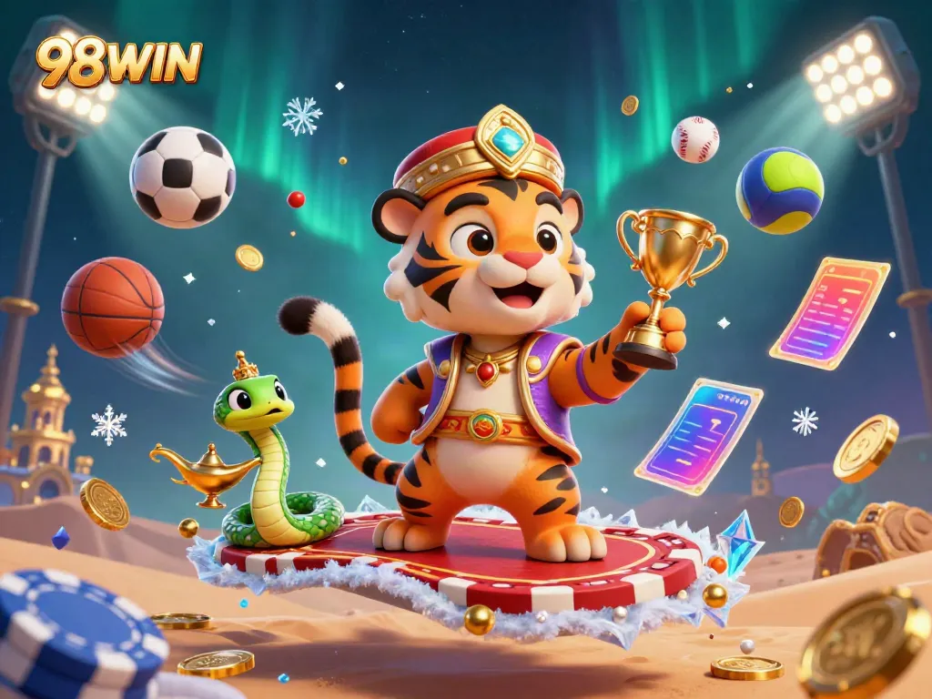 Engage in exciting gameplay with 98WIN as the tiger sultan flies over a rich casino landscape filled with sports elements.