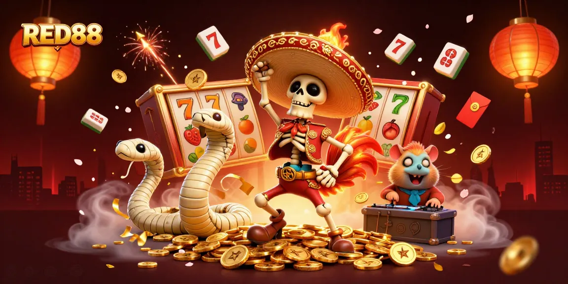 Join the celebration at RED88 with vibrant characters amidst slot reels and festive elements in a dynamic casino scene.