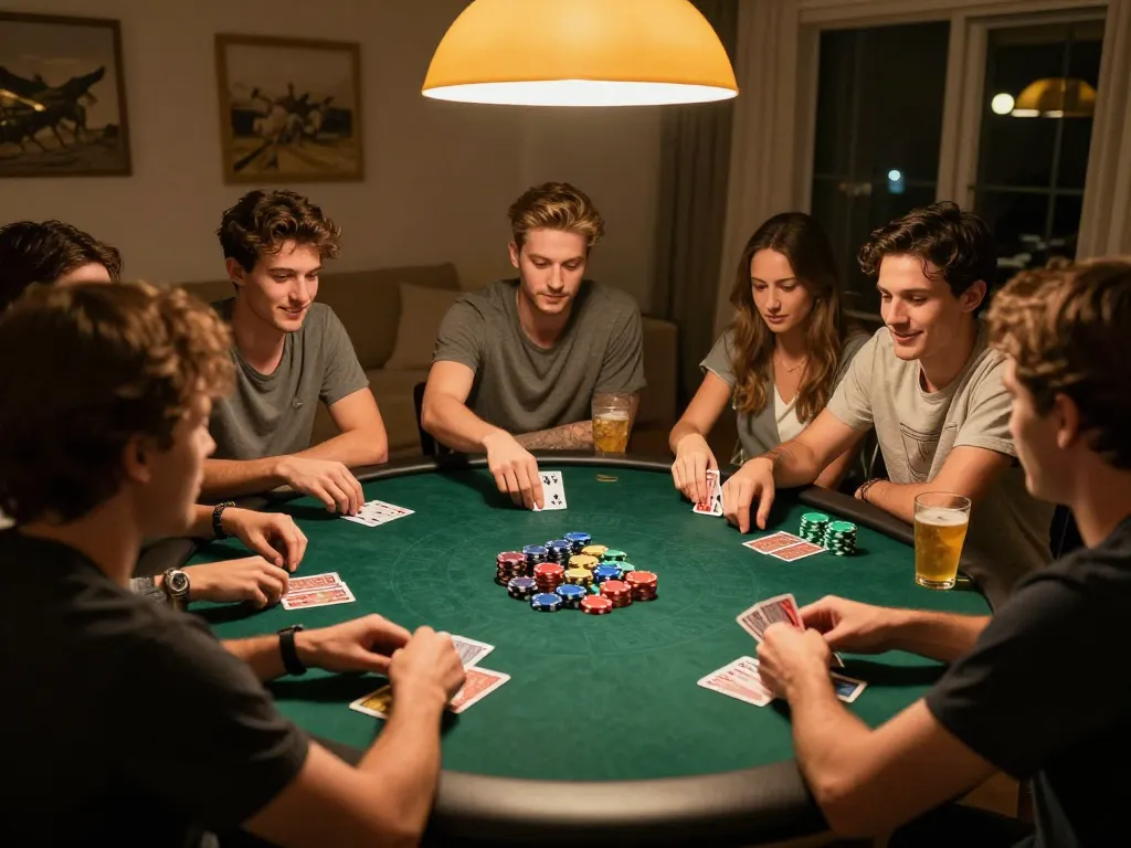 Friends enjoying a poker game highlighting nhacaiuytinn strategy at home.