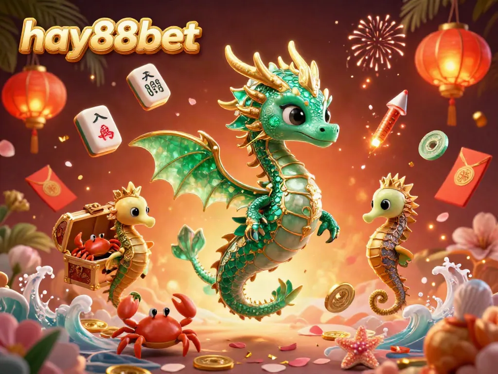 Experience thrilling casino action with hay88bet in this vibrant 3D illustration featuring a majestic sea dragon and treasure chest.