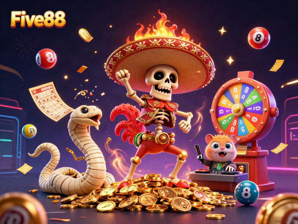 Experience vibrant gaming with Five88 featuring festive skeletons and lottery elements in a dynamic scene.