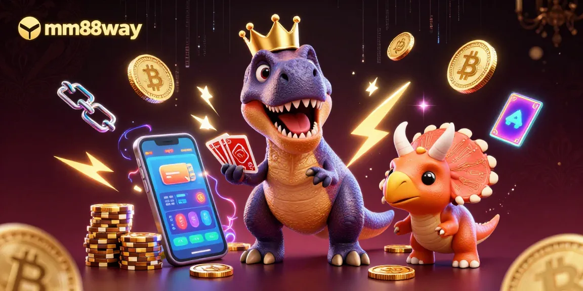 Engage in exciting gameplay at mm88way with a vibrant scene featuring T-Rex playing cards and triceratops stacking chips.