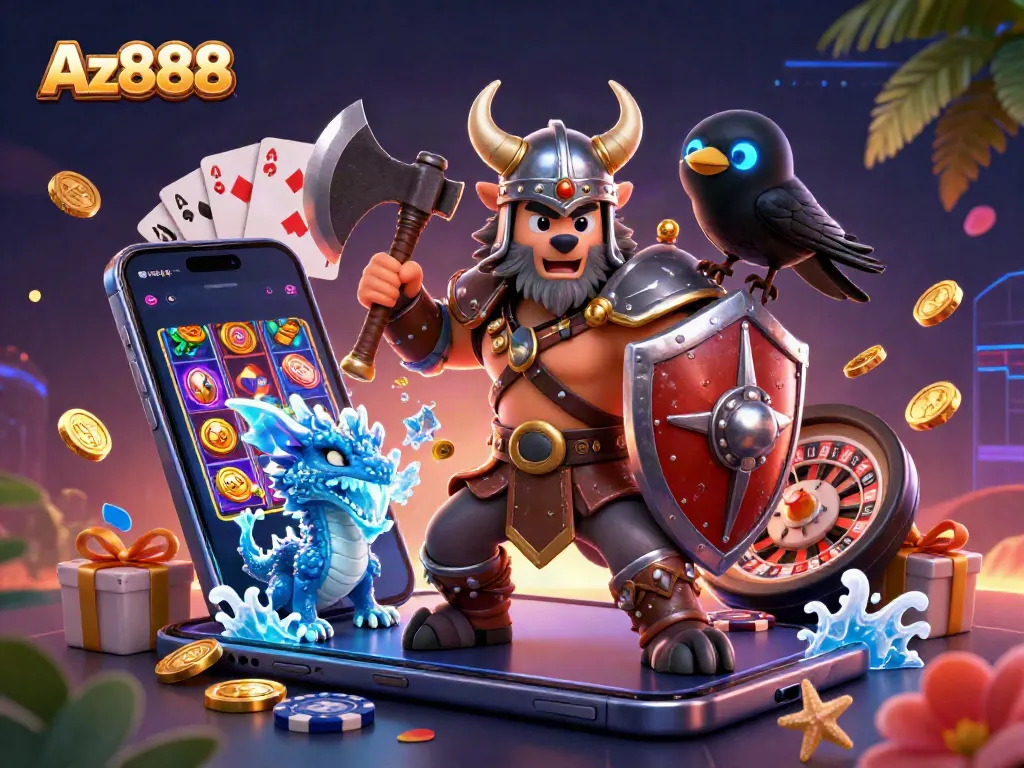 Experience thrilling gaming action with Az888 in this vibrant 3D casino illustration featuring a Viking warrior and dragon.