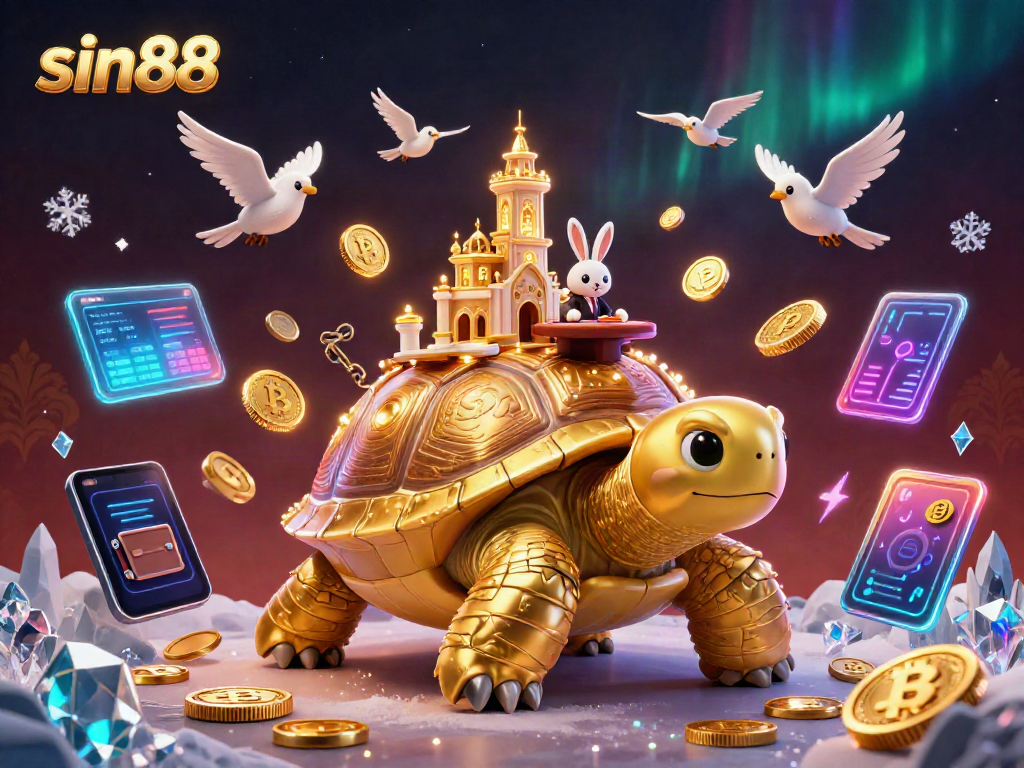 Engage with sin88's premier gaming experience featuring a golden tortoise casino with neon crypto elements.