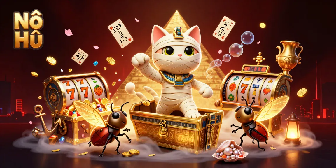 Nổ Hũ slot game illustration featuring a mummy cat and treasures in a vibrant casino scene.