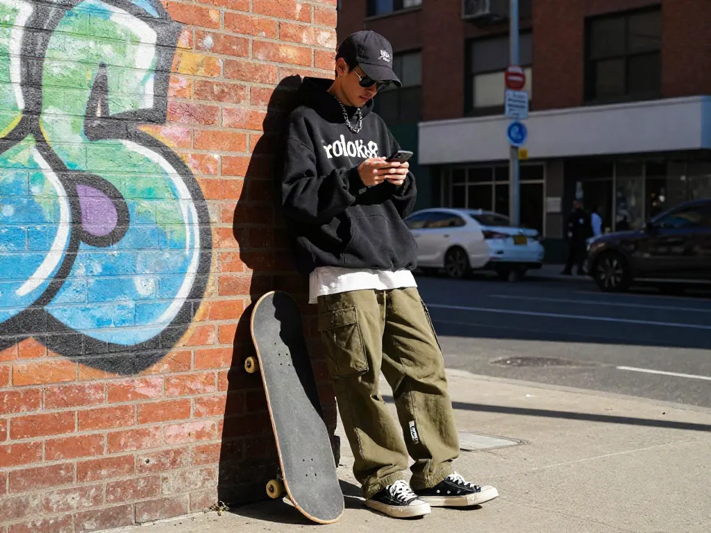 Fashionable individual showcasing streetwear style with rokok88-themed accessories in an urban setting.