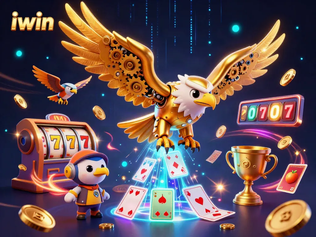 iwin invites players to experience thrilling slot adventures with a golden eagle and holographic cards.