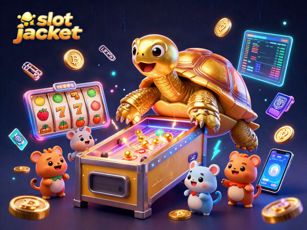 Engage with the slot jackpot scene featuring a golden tortoise pinball machine, vibrant game elements, and excited players.