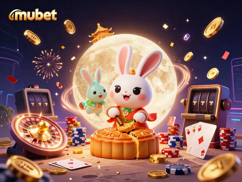 Experience mubet where the moon rabbit celebrates wins with poker chips and vibrant casino elements.