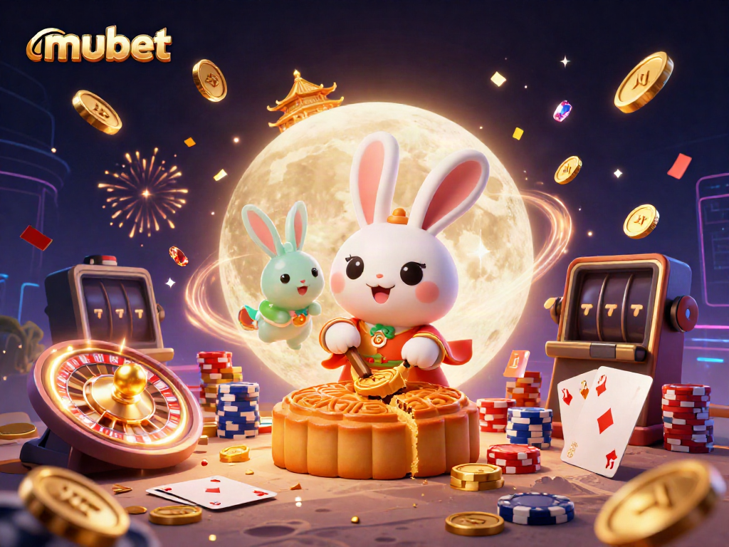 Experience mubet where the moon rabbit celebrates wins with poker chips and vibrant casino elements.