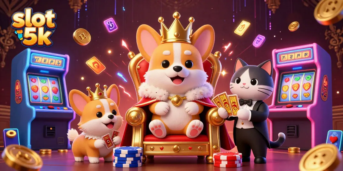 Engage in fun with slot 5k as corgis and a cat butler surround colorful game machines.