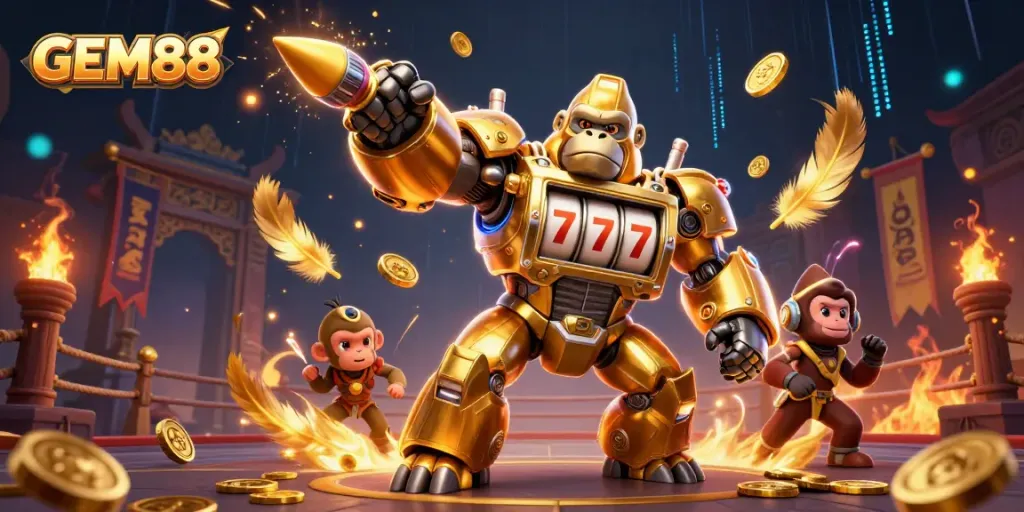 Engage in thrilling jackpot excitement at GEM88 with dynamic 3D visuals of a transformer-style mech and casino elements.