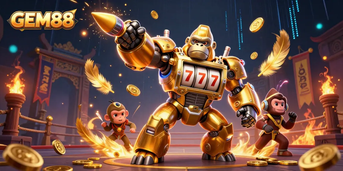 Engage in thrilling jackpot excitement at GEM88 with dynamic 3D visuals of a transformer-style mech and casino elements.