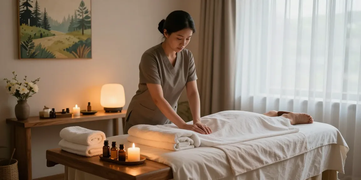 Relaxing atmosphere showcasing 남양주출장마사지 with soothing oils, candles, and a serene massage setup.