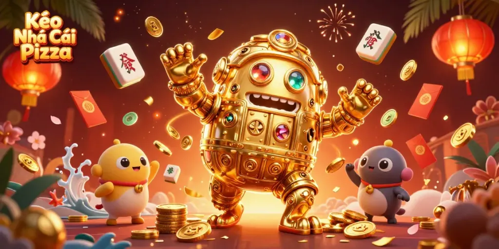 Kèo Nhà Cái Pizza brings excitement with a golden golem and dazzling game elements in a vibrant casino scene.