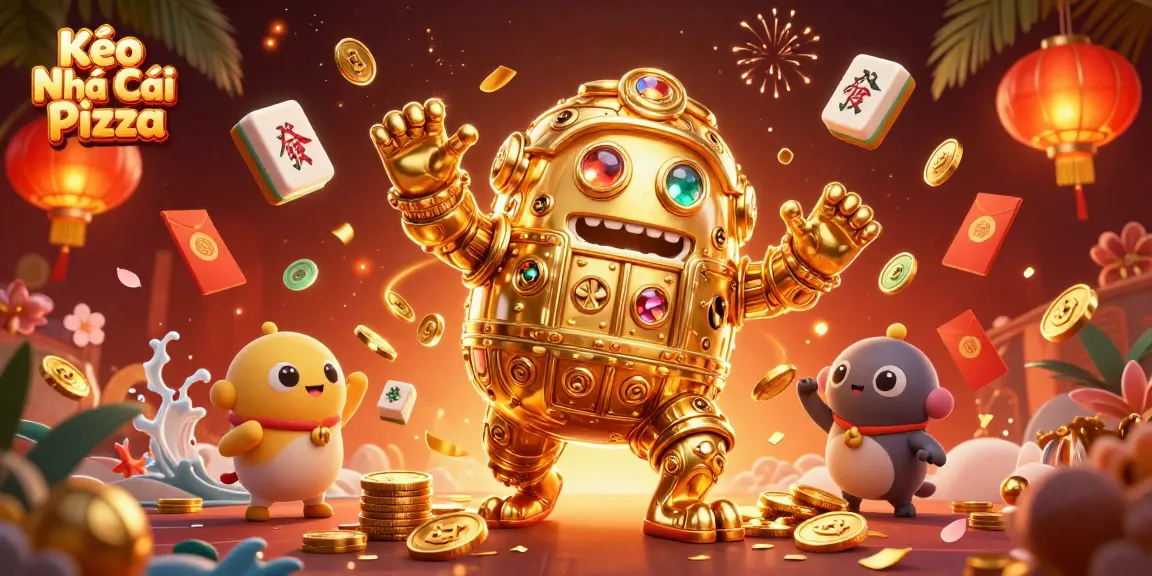Kèo Nhà Cái Pizza brings excitement with a golden golem and dazzling game elements in a vibrant casino scene.