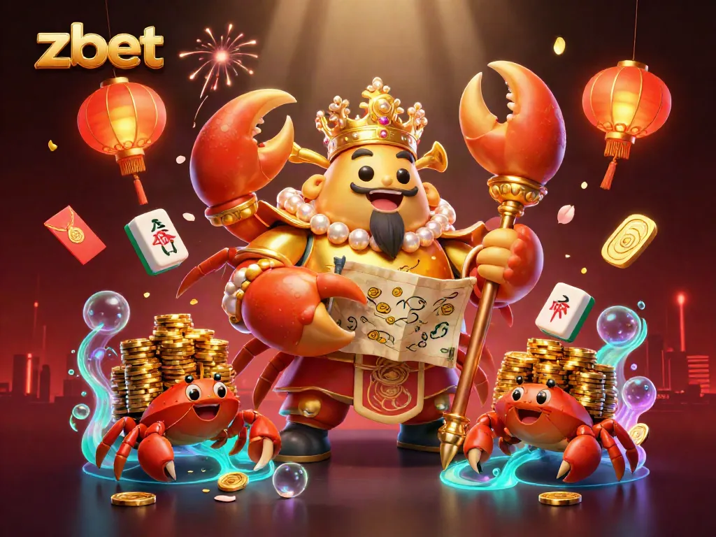 Engage with exciting game strategies and winnings at zbet with a vibrant 3D illustration of a golden crab emperor.