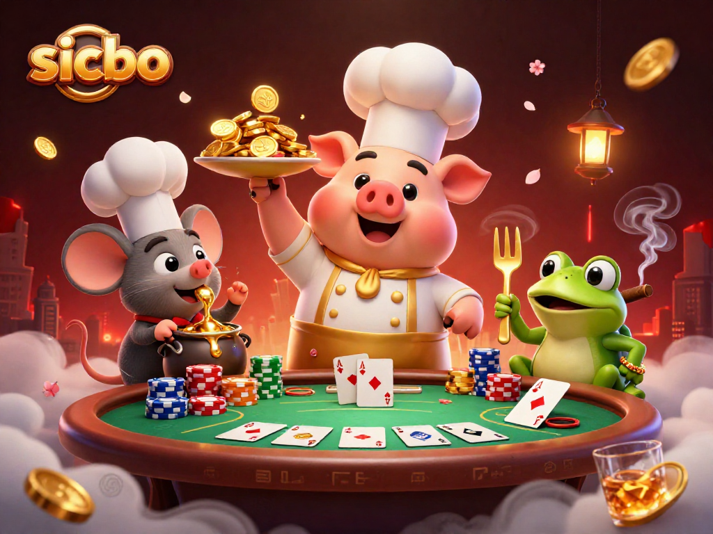 Experience high-stakes sicbo gameplay with animated characters showcasing coins and cards in a vibrant casino setting.
