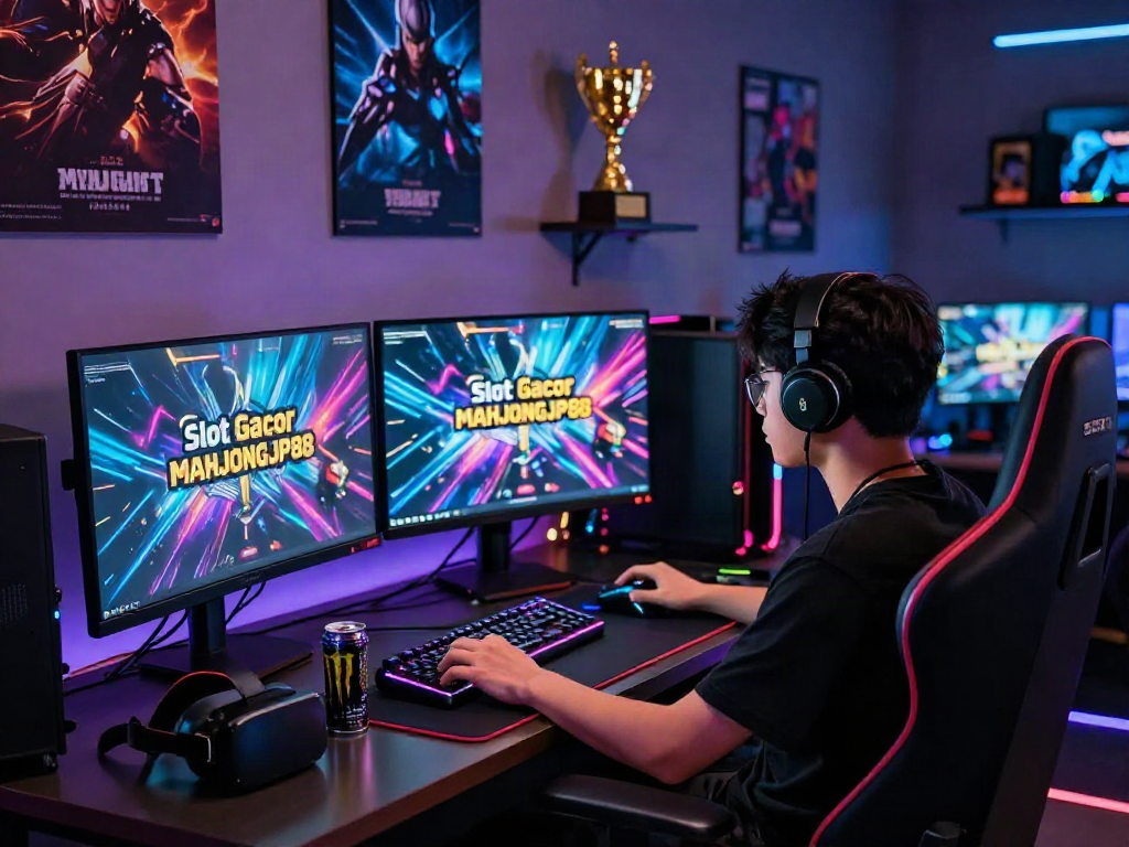 Immersive gaming setup showcasing Slot Gacor MAHJONGJP88 with colorful LED lights.