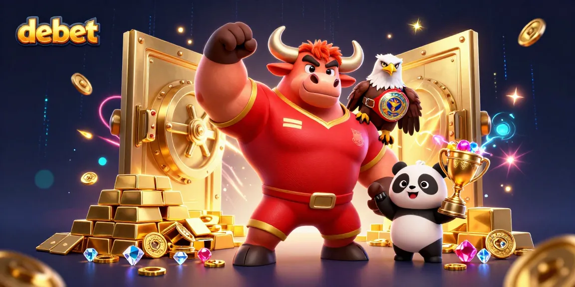 Experience debet with a cheerful panda, muscular bull, and eagle in a vibrant casino illustration.
