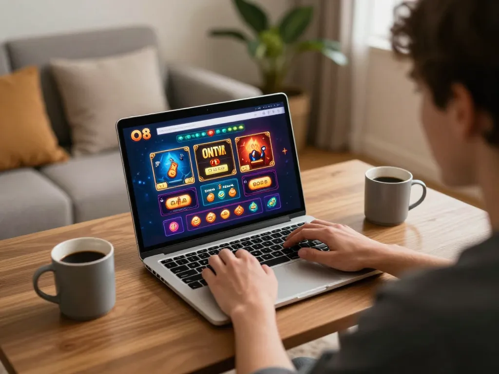Engaging with O8 casino games on a laptop, creating a cozy online gambling experience