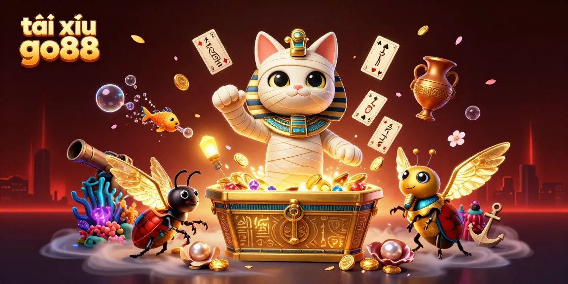 Experience the excitement of tài xỉu go88 with a vibrant scene featuring a mummy cat and treasures.