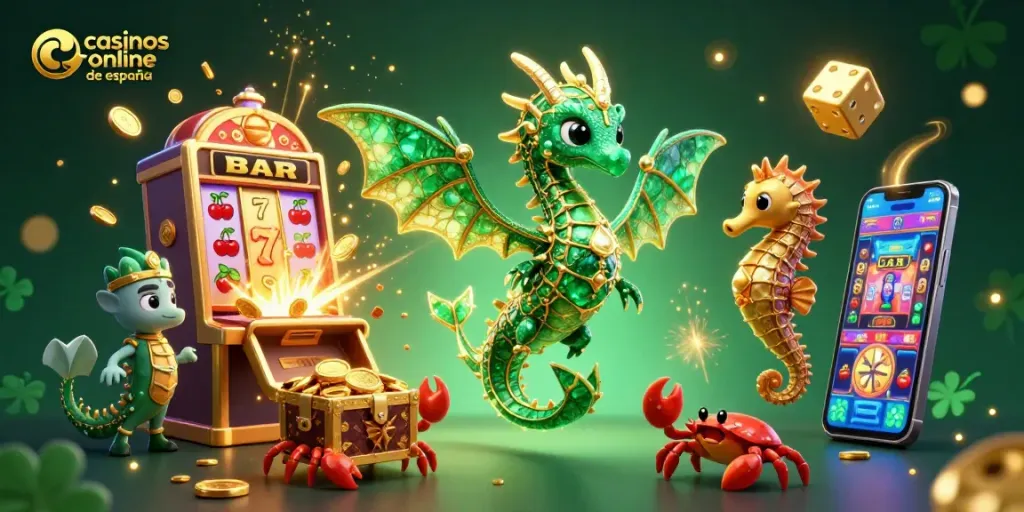 Juega en casinos online de España con emoción, rodeado de un dragón marino y tesoros.