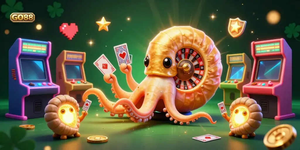 Experience the thrill of GO88 with vibrant characters and lively gaming elements in a lavish casino setting.