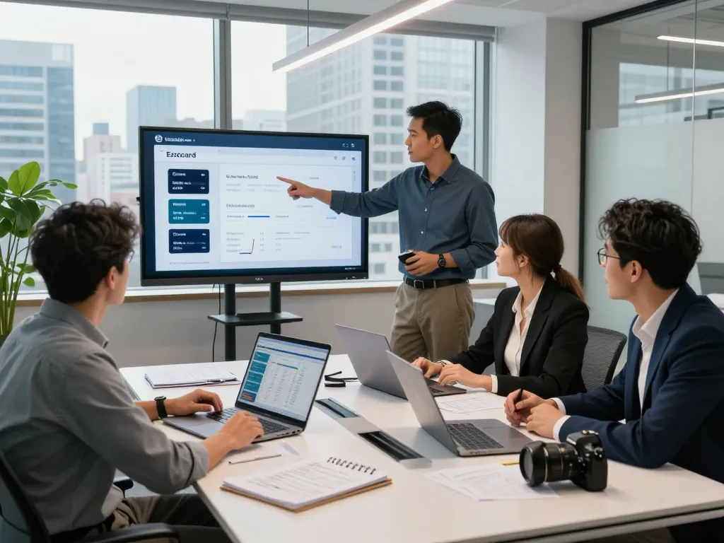 Ezzocard team collaborating on virtual card features in a modern office.