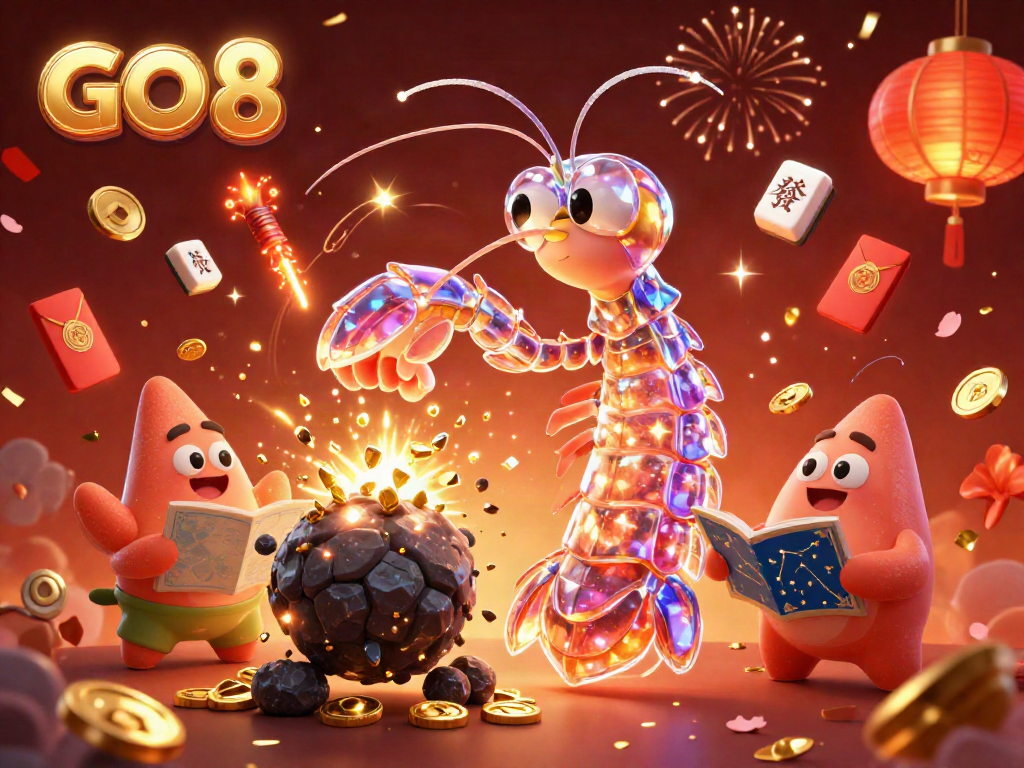 GO 8 presents an exciting scene of vibrant illustrations featuring a heroic mantis shrimp and starfish amidst casino-themed elements.