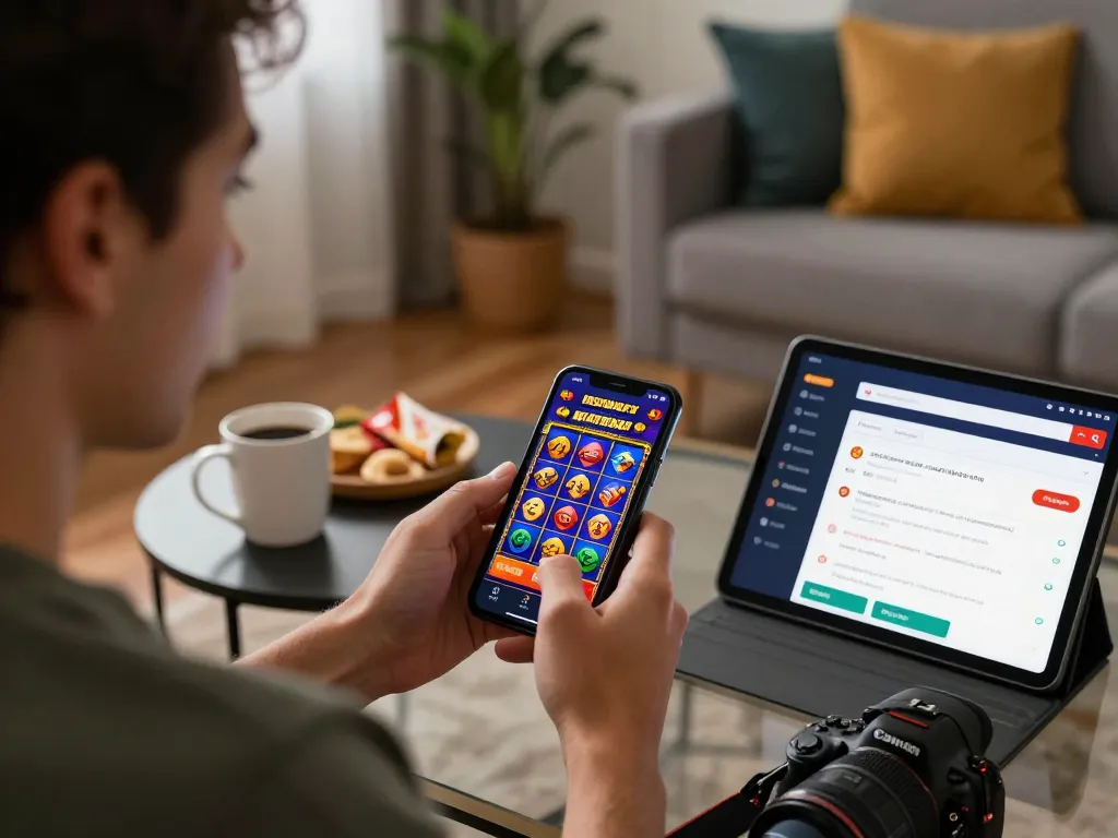 Engaging with a mobile slot game while focusing on responsible gaming strategies in a cozy living room.