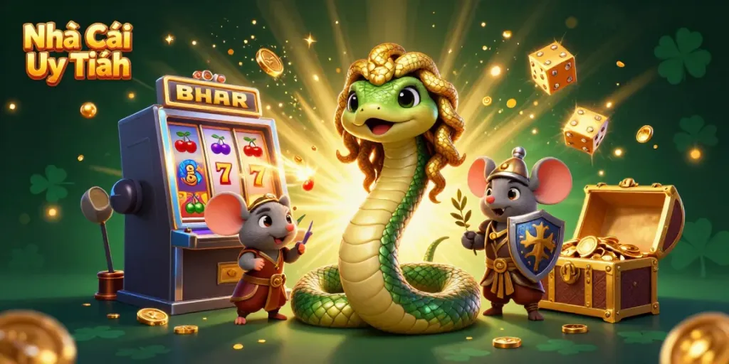 Engaging dynamic scene with Nhà Cái Uy Tín characters, bursting casino slot machine, and vibrant game elements.