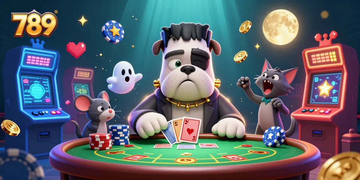 Engage with 789's poker world as a Frankenstein bulldog deals cards amidst spooky casino elements.