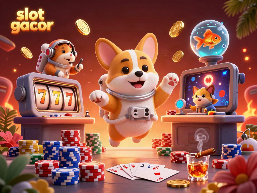 Experience the excitement of slot gacor with a playful astronaut corgi and casino elements in space.