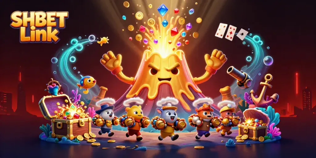 Experience thrilling wins with the SHBET Link casino, featuring erupting treasures and playful characters.