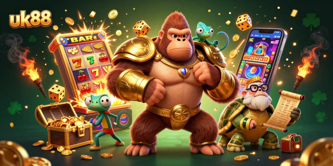 uk88 features a gorilla king in golden armor celebrating a jackpot win with dynamic casino elements.