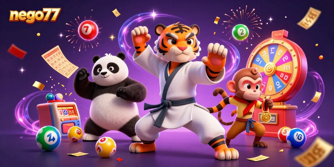 Nego77 showcases a vibrant 3D scene with a kung fu tiger, panda disciple, and monkey student celebrating dynamic gaming elements.