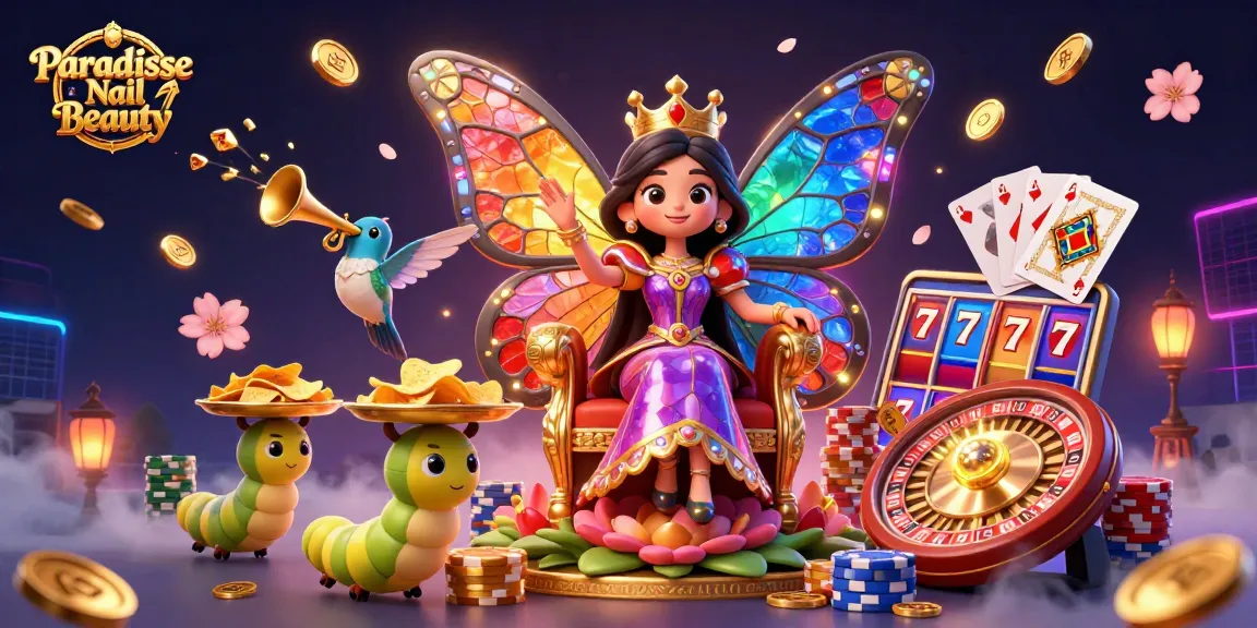 Engage with Paradise Nail Beauty's gaming magic featuring vibrant slot reels and whimsical characters.
