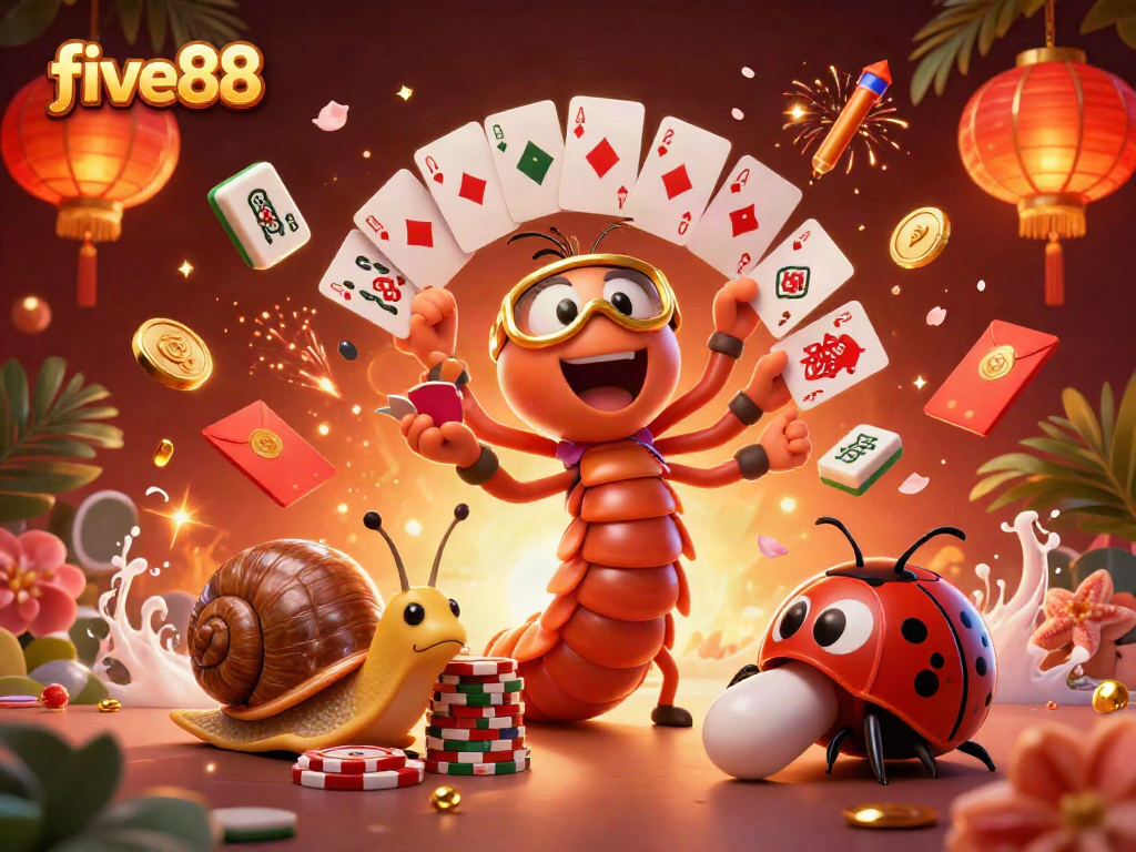 Experience the thrill of five88 with a vibrant casino scene featuring a cartoon millipede dealer surrounded by exciting game elements.