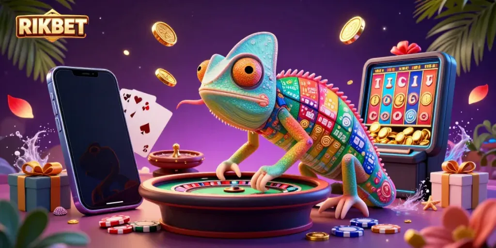 Engage in thrilling slots and casino fun with RIKBET, illustrated with colorful elements and dynamic gameplay.