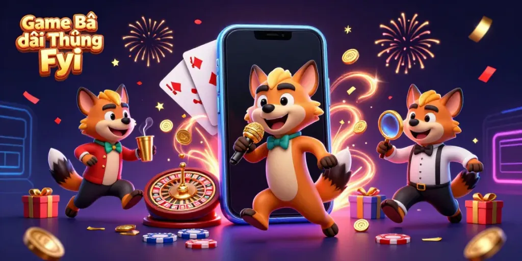Experience the fun at Game Bài Đổi Thưởng Fyi with a lively 3D hyena casino illustration.