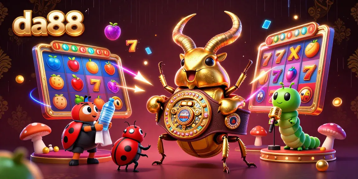 Experience the thrilling atmosphere of gambling with da88, featuring a golden stag beetle champion amidst vibrant slot reels.