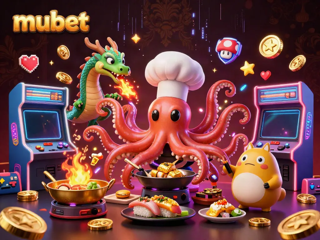 Experience the thrill of mubet with a vibrant 3D casino scene featuring unique characters and jackpot dishes.