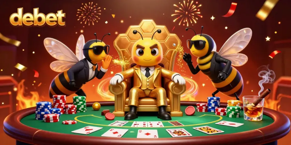 Engage with debet's vibrant casino scene featuring a bumblebee mob boss, poker action, and celebratory elements.