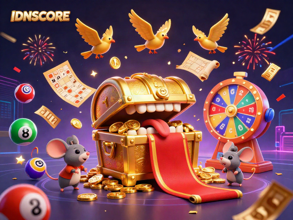 IDNSCORE celebrates exciting wins with a vibrant illustration of casino elements and a golden treasure chest.
