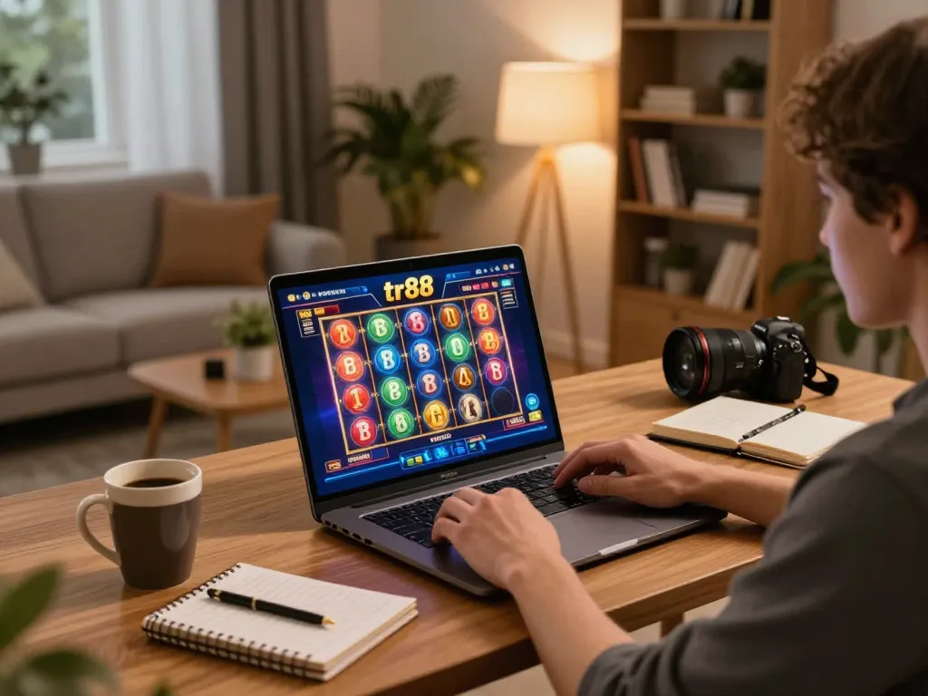 Online casino gaming on tr88 with laptop, vibrant slot game interface, and cozy home setting.