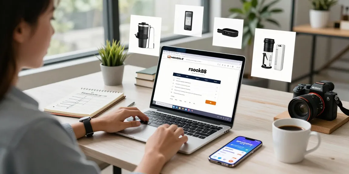 Business professional using rokok88 login on a laptop in a modern workspace