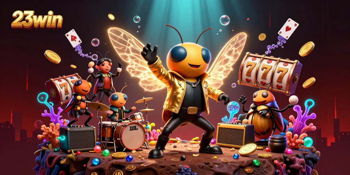 Experience thrilling gameplay with 23win as vibrant characters celebrate winnings amidst glimmering slots and gold coins.
