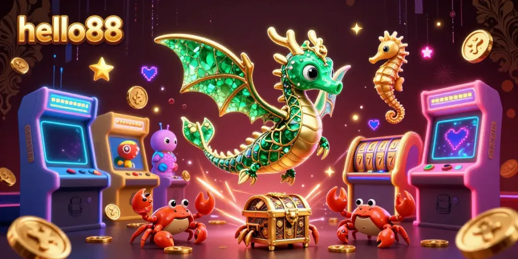 Engage with hello88's underwater gaming world featuring vibrant dragon and treasure scene.